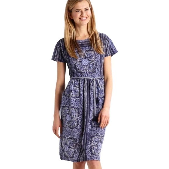 WHITE STUFF Blue Tile Indian Summer Dress  Poly / Linen Blend (No Belt) US Sz 6 - Picture 1 of 13